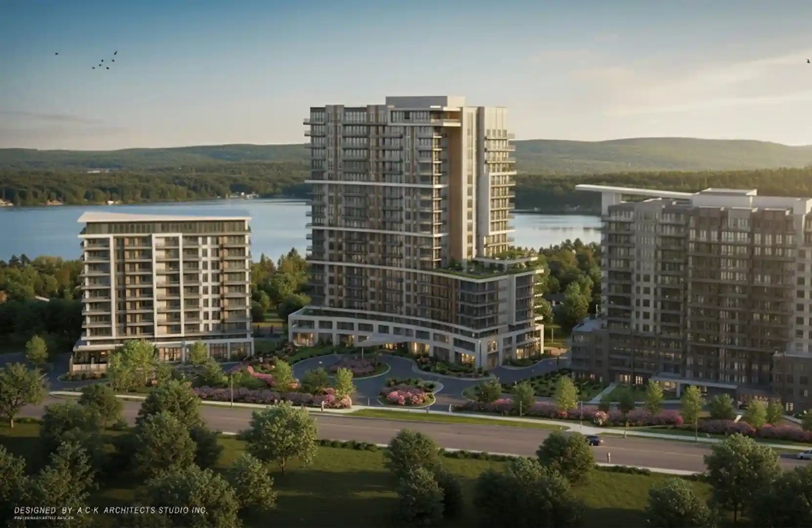 Architectural rendering of the General Hospital development and surrounding site.