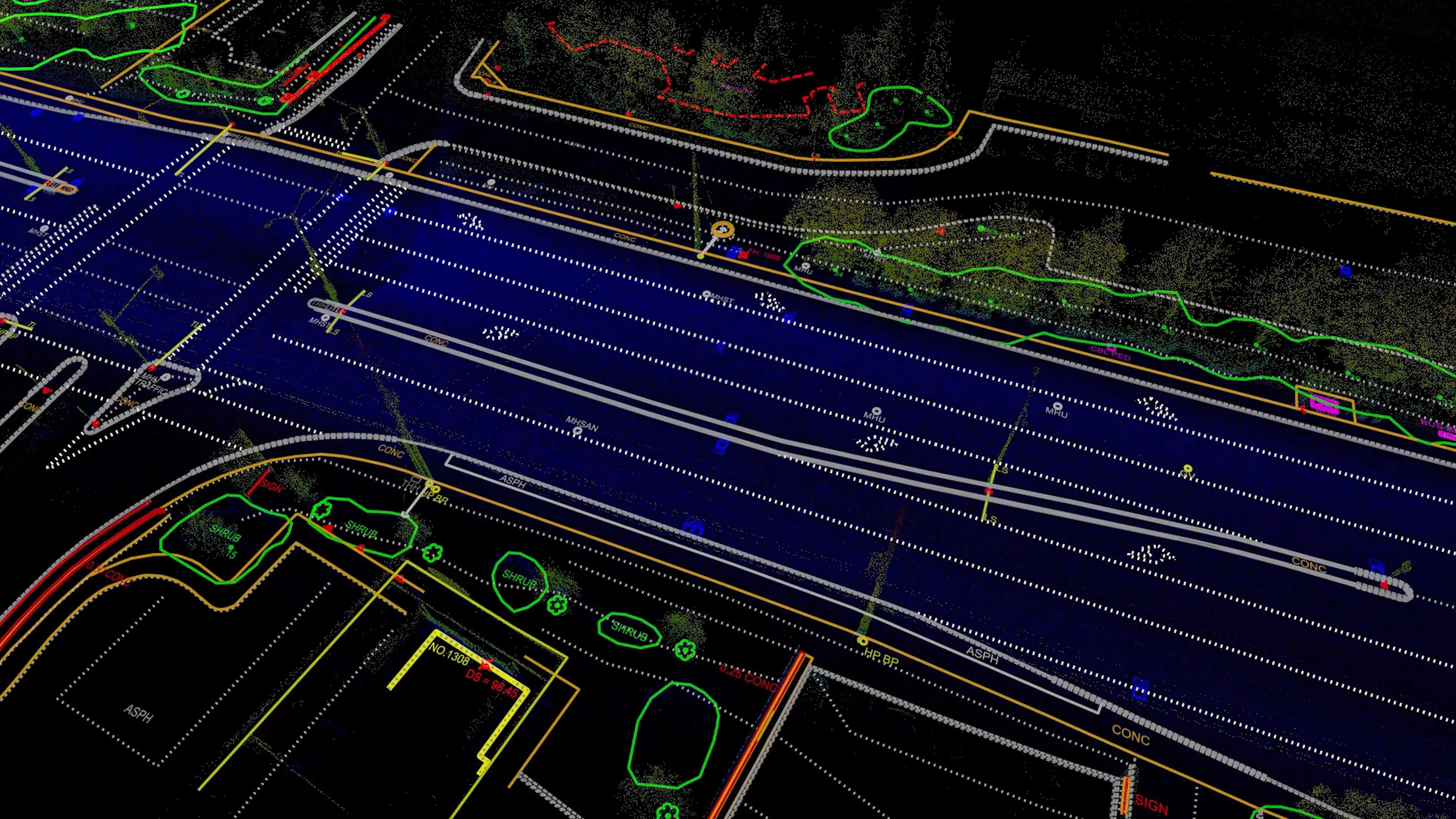 Mobile LiDAR point cloud showing a roadway and intersection.