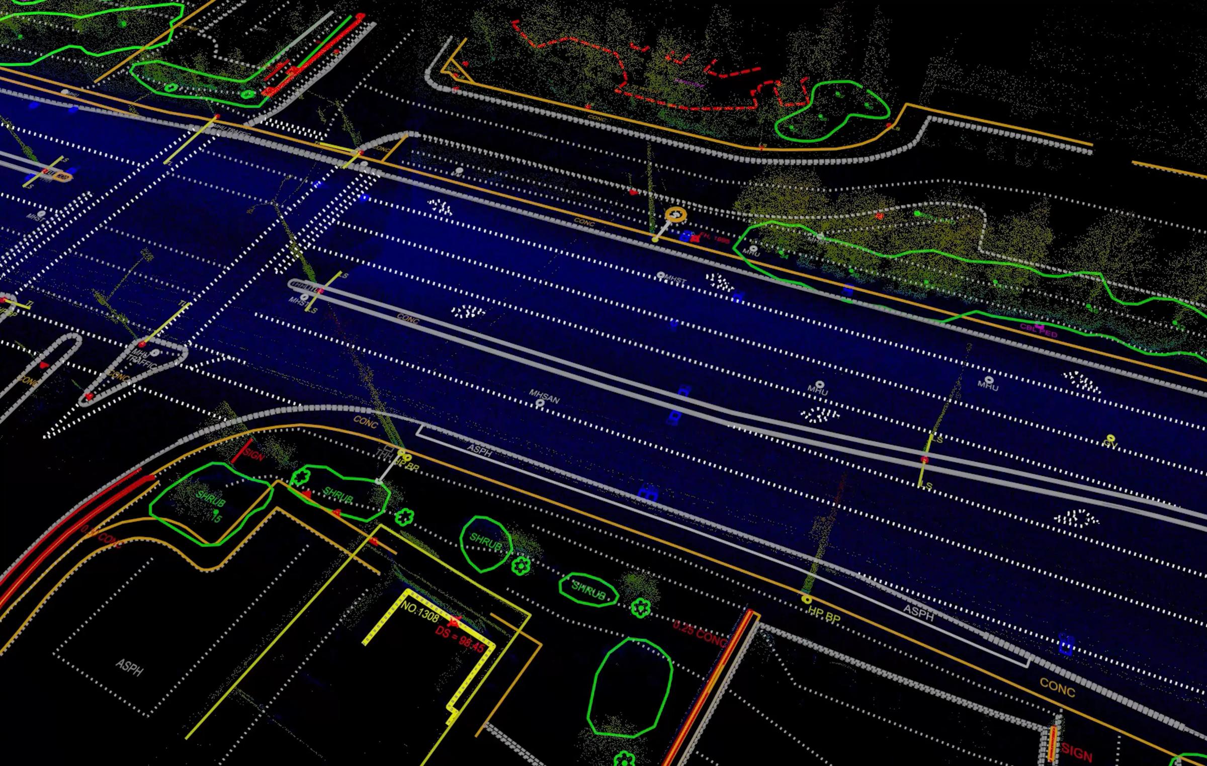 Mobile LiDAR point cloud showing a roadway and intersection.