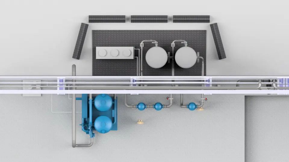 3D model of pump house equipment, tanks, and piping.