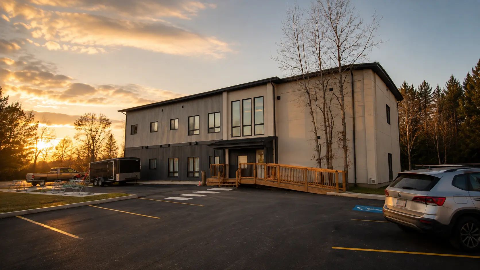 Two-storey building and parking lot at 291 Lourdes in Sudbury.