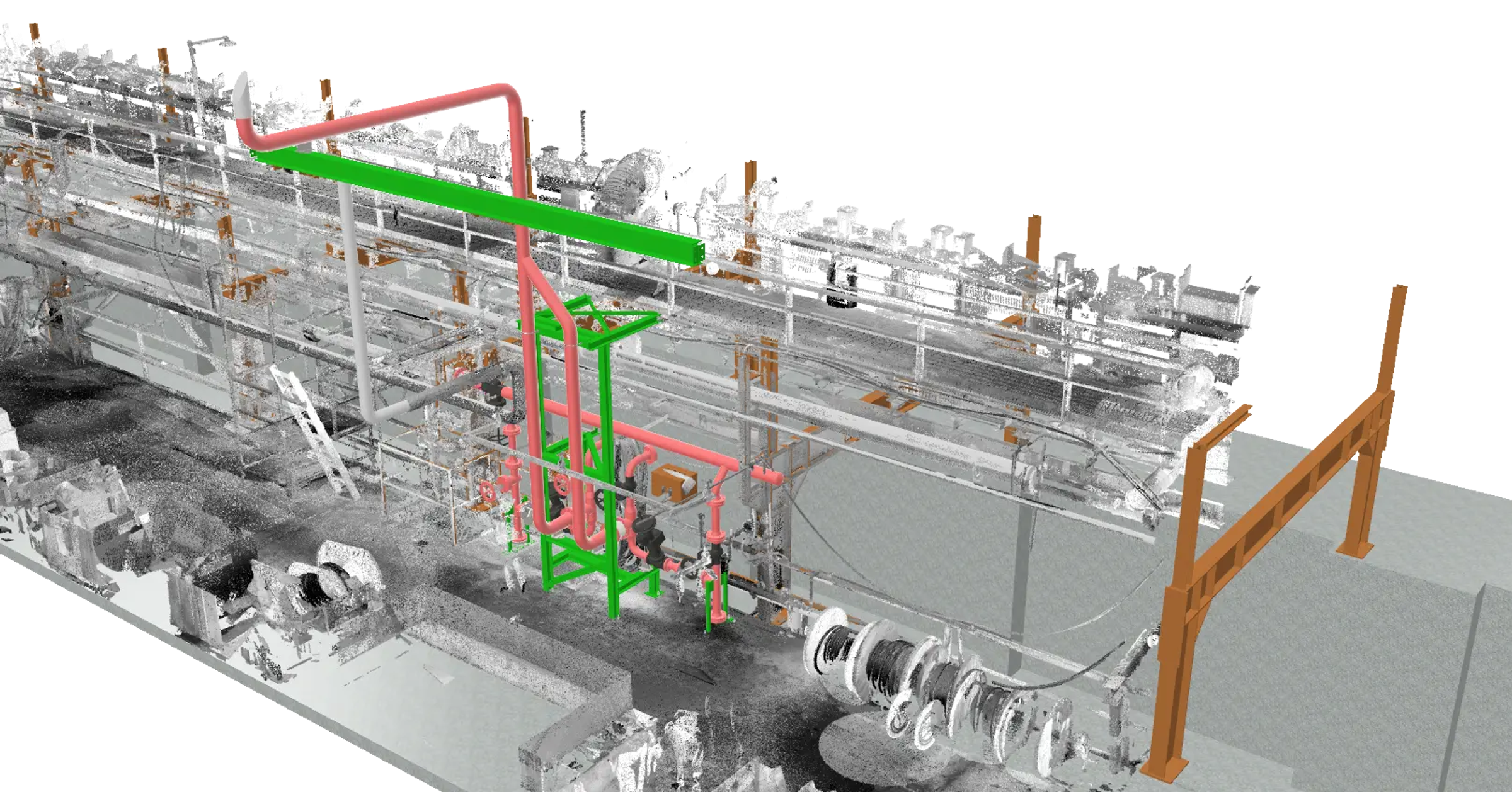 3D model showing the overall assembly of industrial equipment and piping.