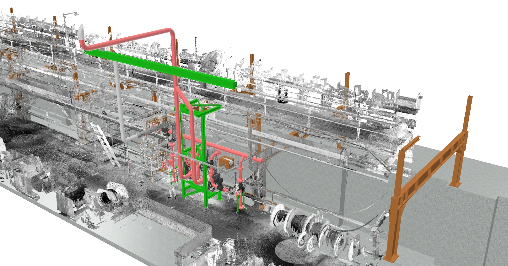 3D model showing the overall assembly of industrial equipment and piping.