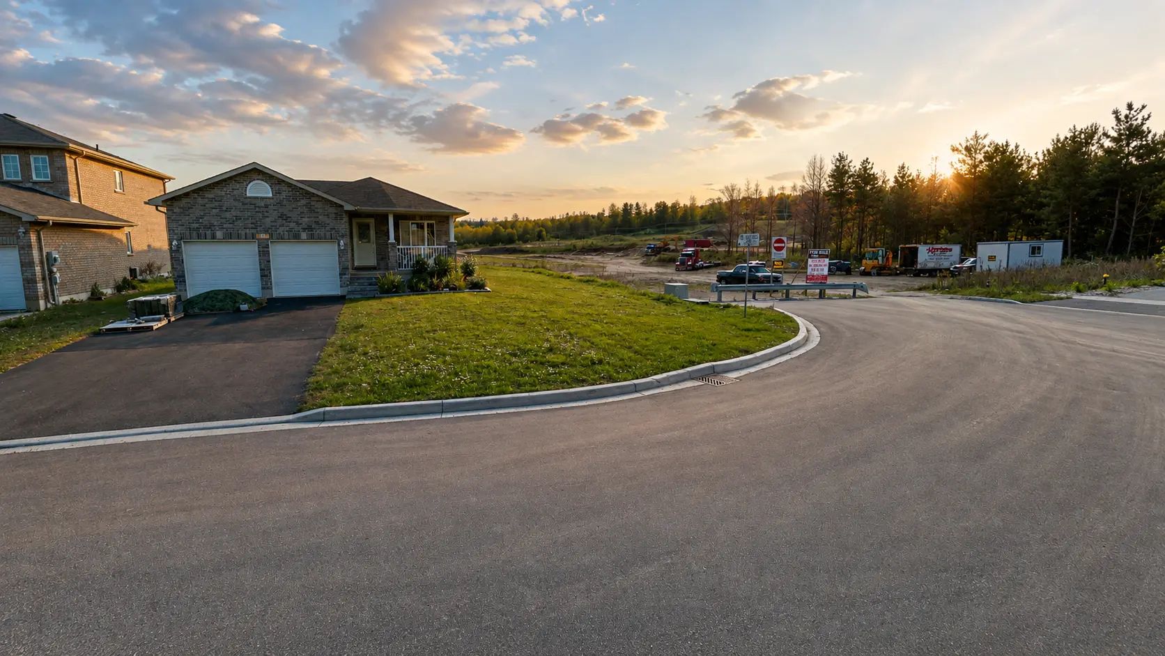 Harbour Pointe development street and landscaped residential lots at sunset.