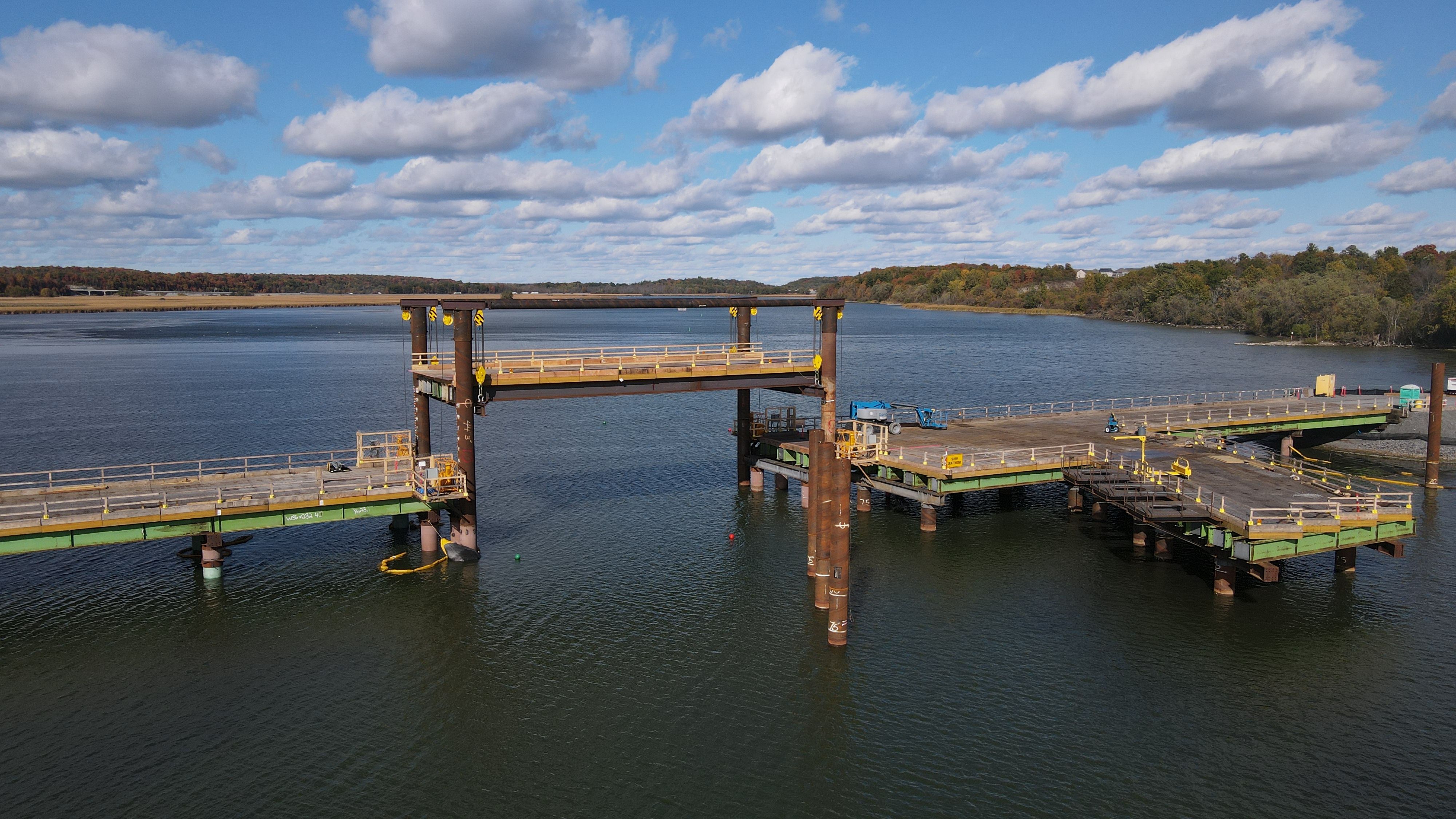 Aerial view of the Third Crossing Bridge over the waterway.