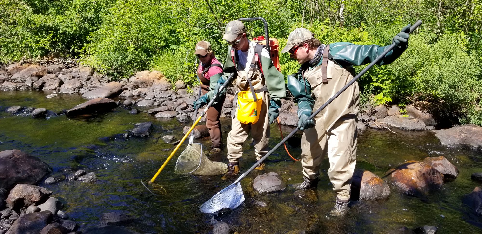 TULLOCH environmental field crew collecting data in a rocky stream.