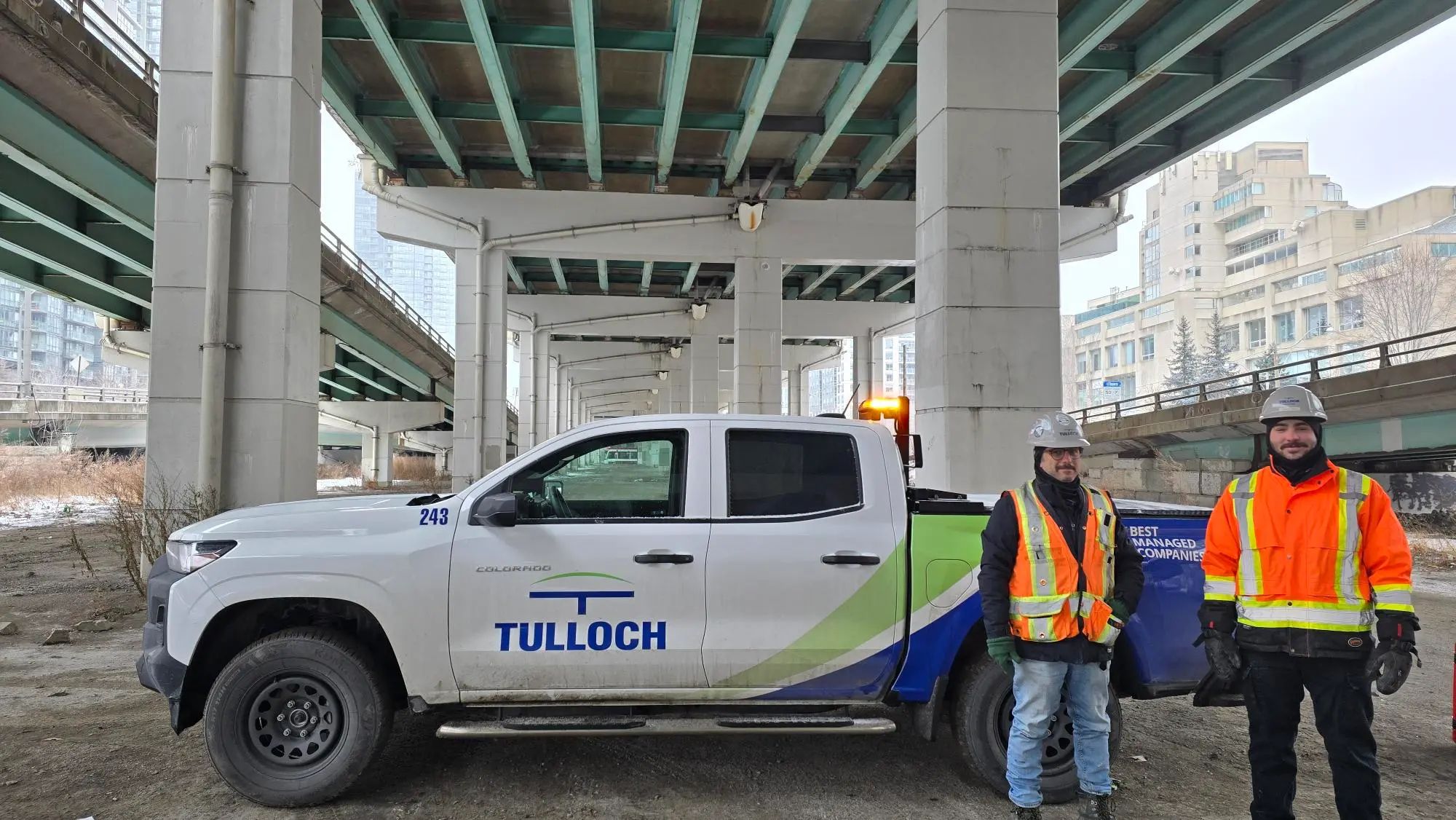 TULLOCH survey team and company truck supporting Ontario Line work.