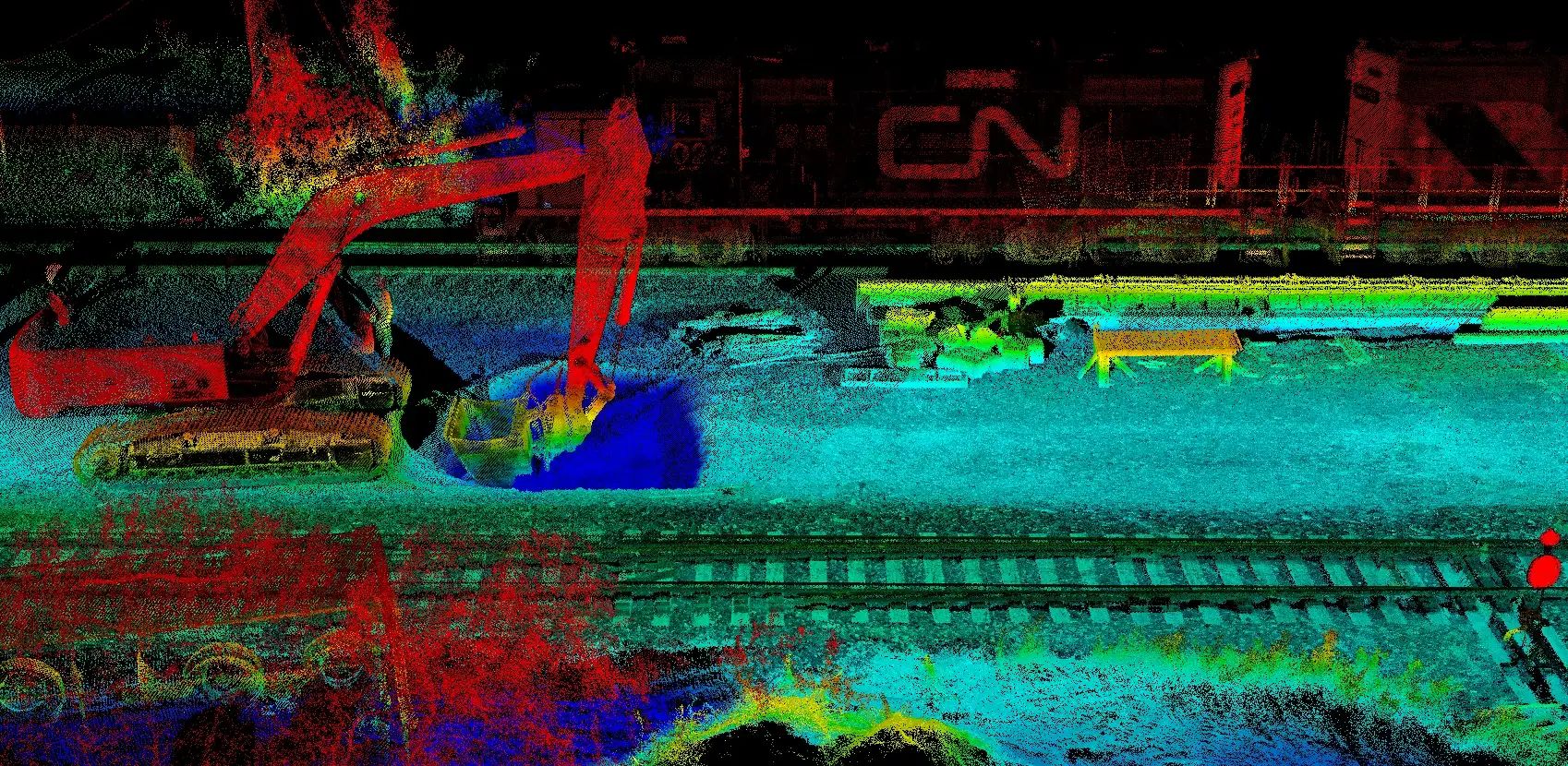 Colourized LiDAR point cloud of rail infrastructure for the GO Expansion program.
