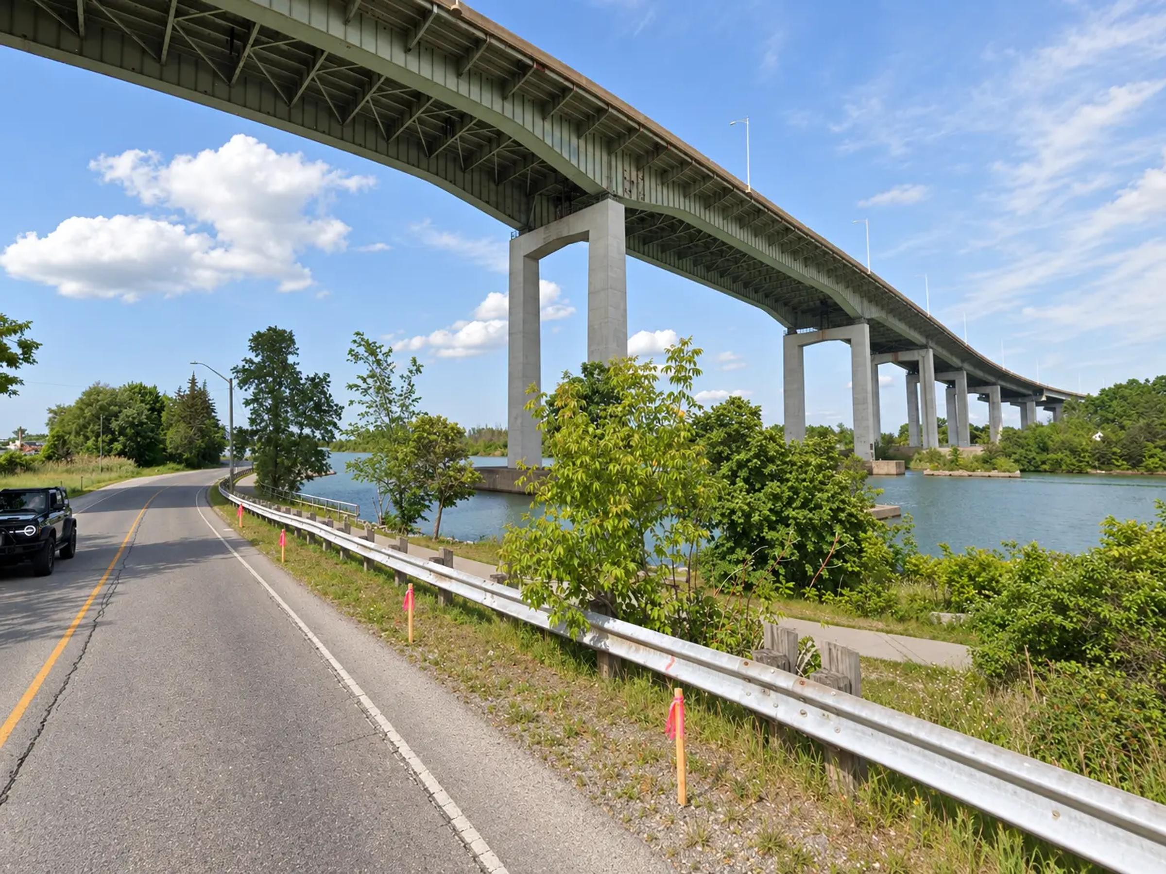 Roadway beneath the Garden City Skyway bridge in St. Catharines, Ontario.