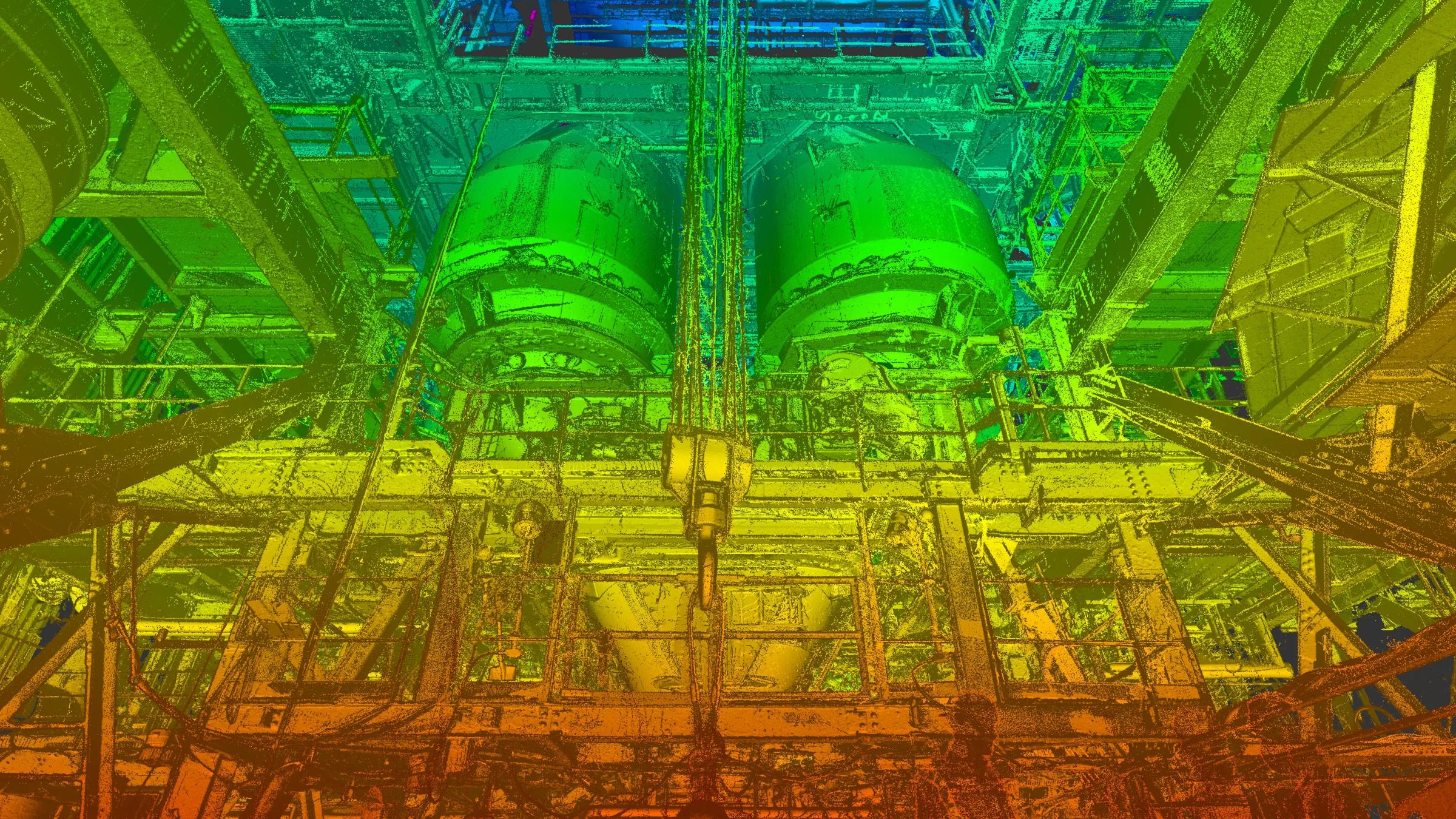 Colourized LiDAR scan or point cloud of industrial equipment and structural framing.