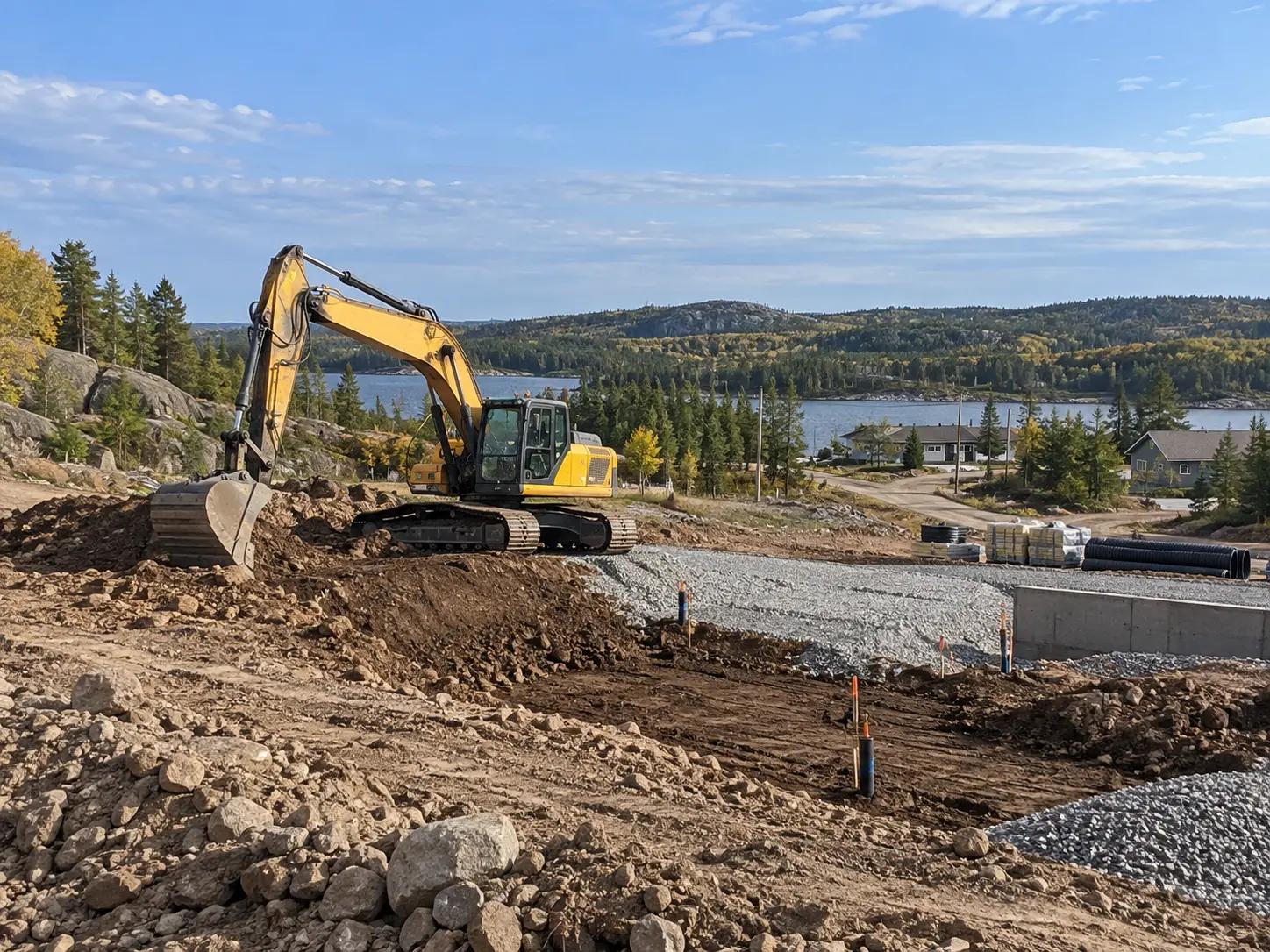 Excavator completing remedial earthworks at Serpent River First Nation.
