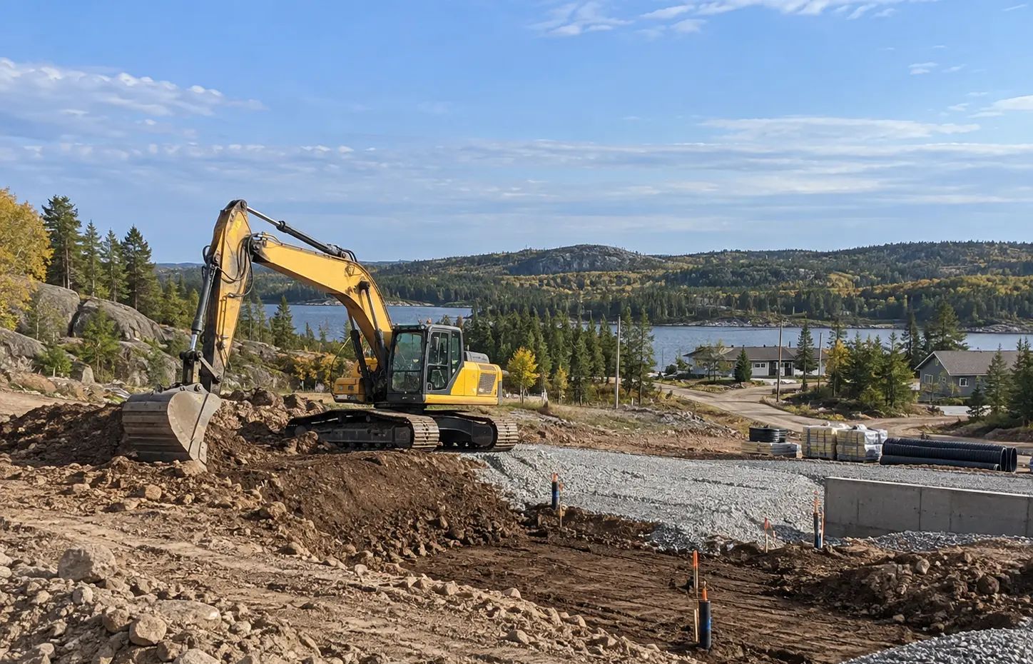 Excavator completing remedial earthworks at Serpent River First Nation.