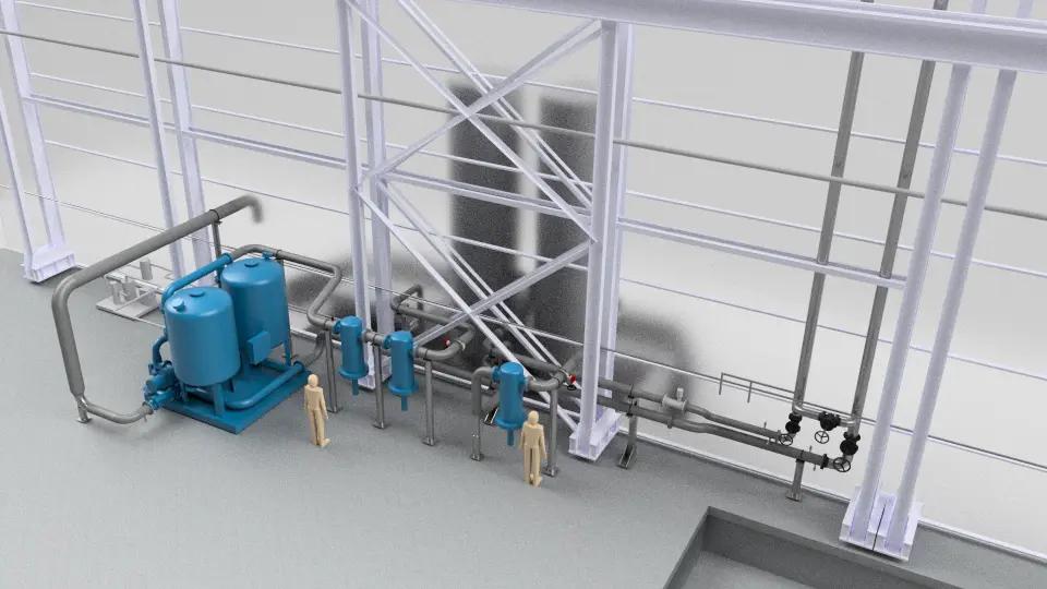 3D model of an industrial pump system within structural framing.