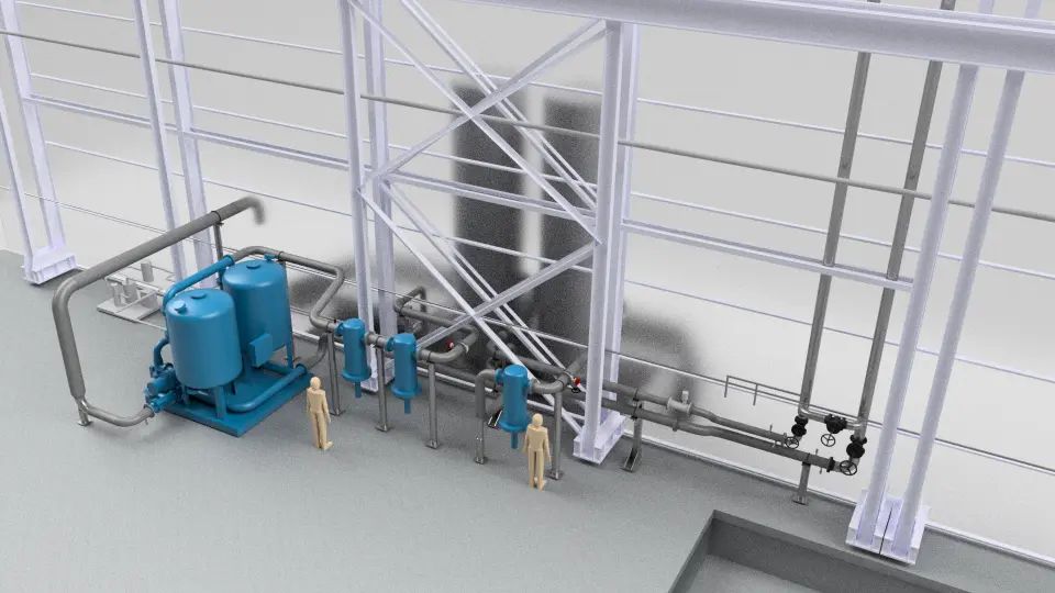 3D model of an industrial pump system within structural framing.