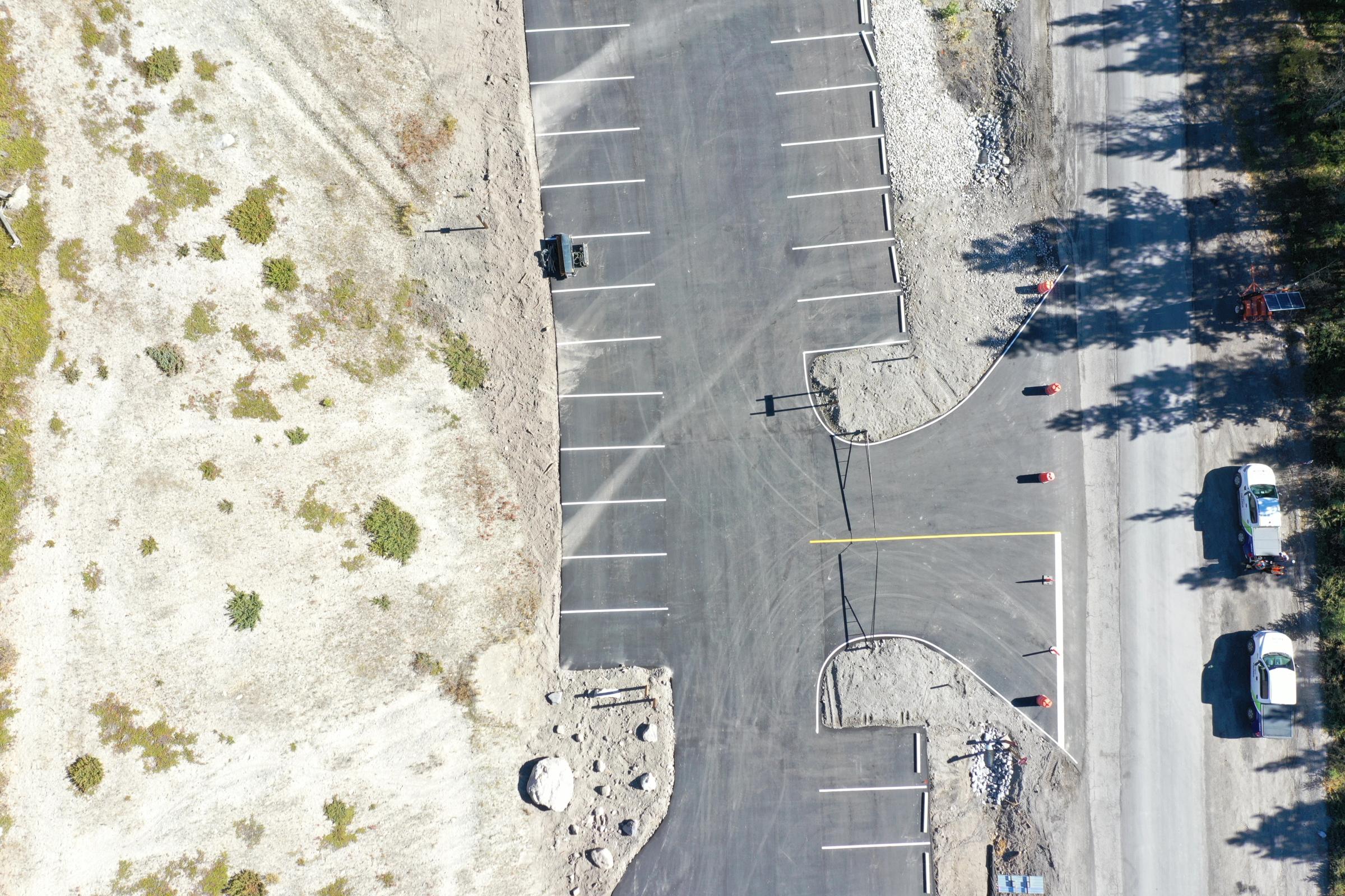 Aerial view of the Grassi Lakes and Goat Creek parking area and access road.