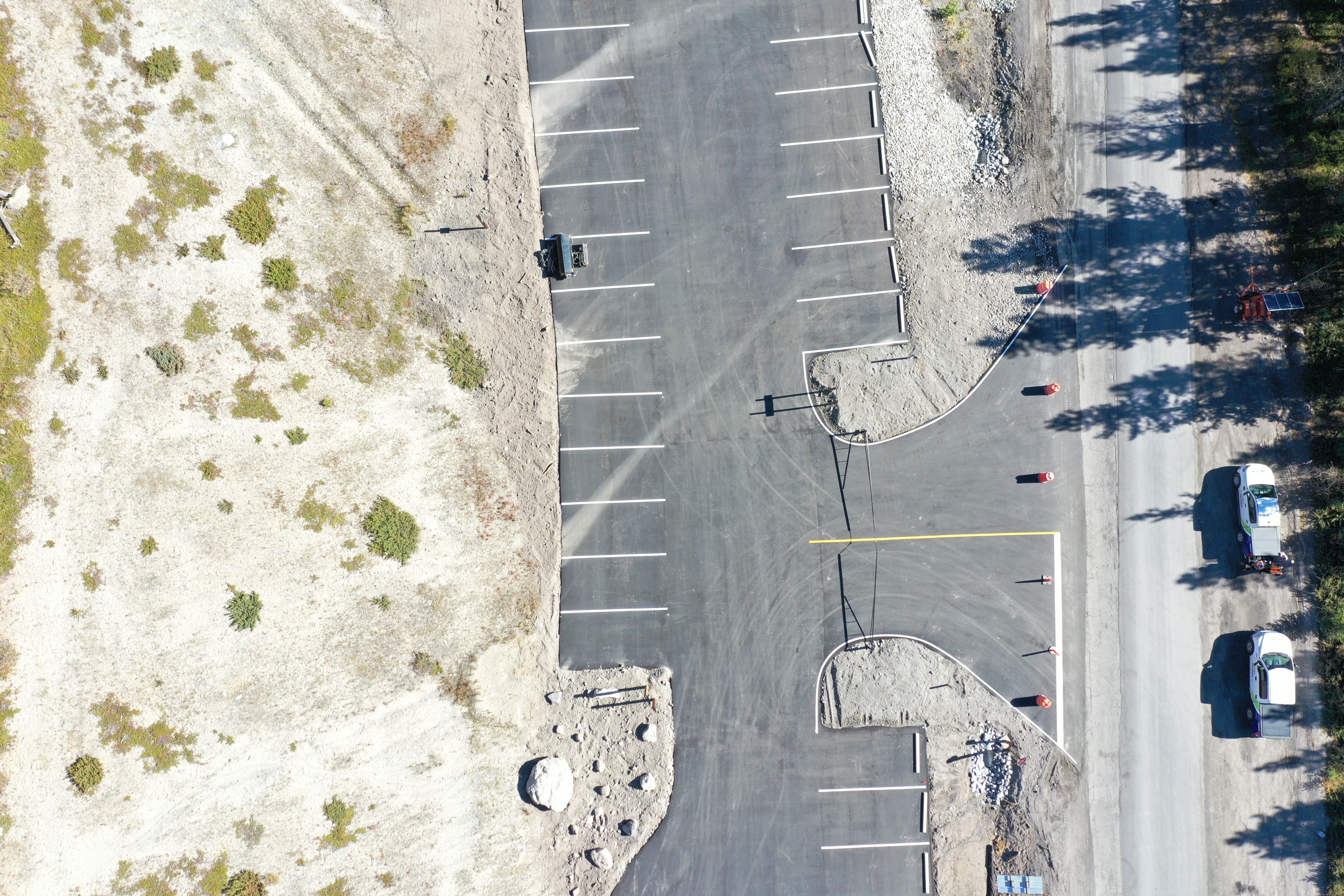 Aerial view of the Grassi Lakes and Goat Creek parking area and access road.