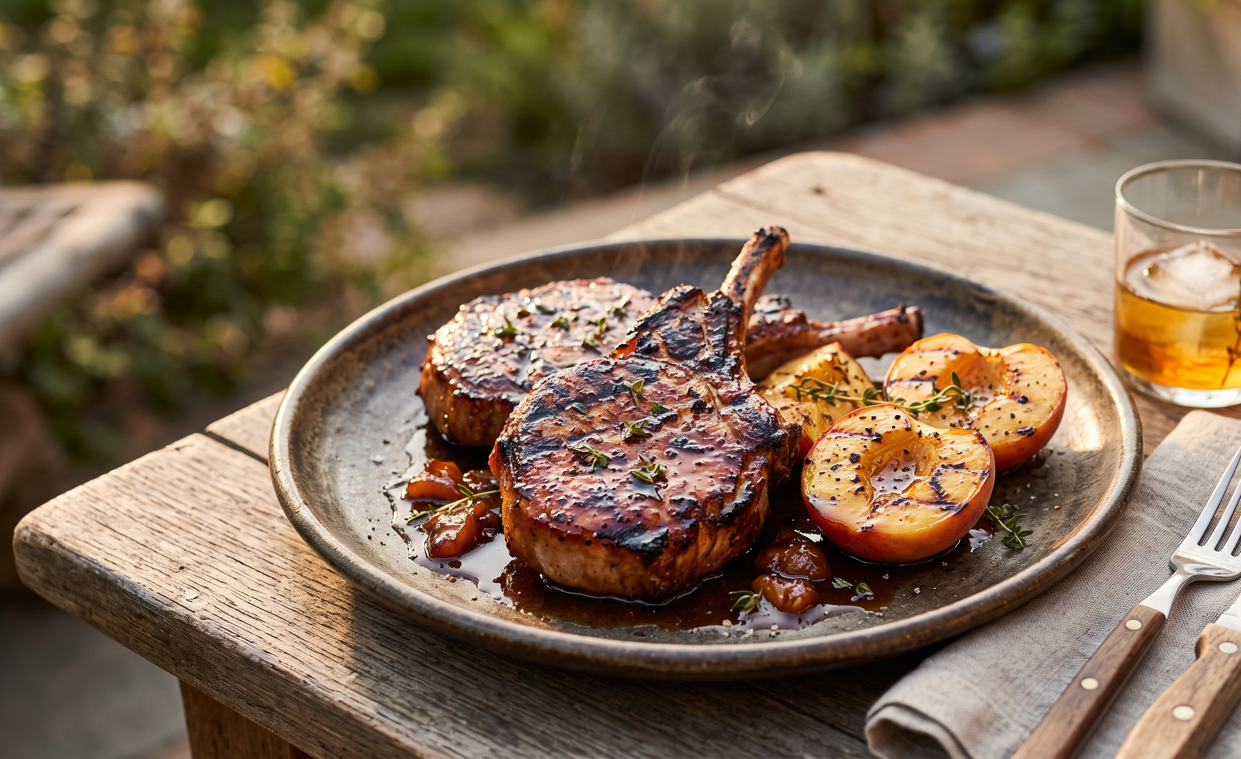 Bourbon peach glazed pork chops caramelizing over open flame on an OakStoke stainless steel grill grate, with grilled peach halves alongside.