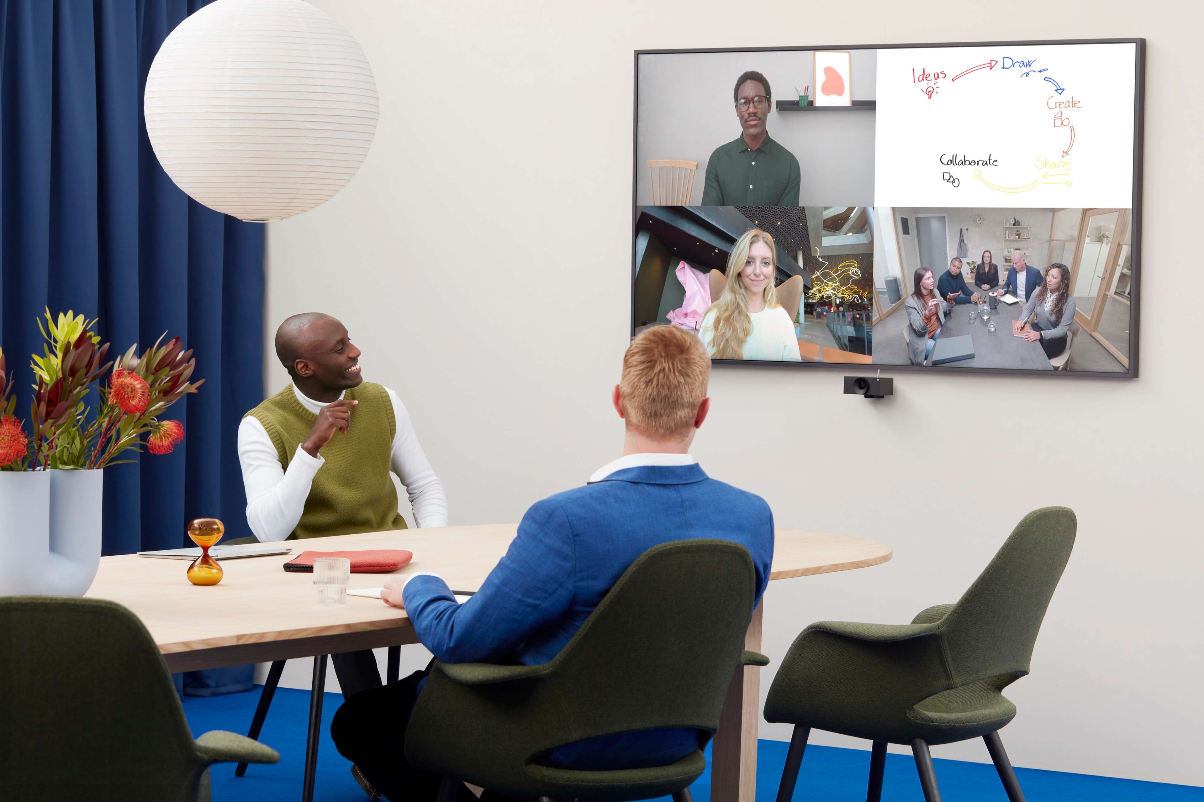 Medium meeting room with two in room participants and remote participants visible on the screen on the wall