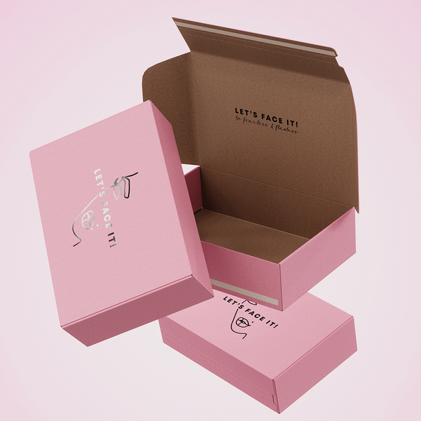 Floating 3D model of a pink and brown premium mailer box.