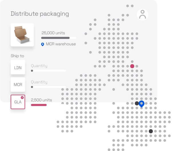 Simplified example of how you can distribute your packaging anywhere using Sourceful’s Auto Stock. Includes a UK dot map with examples of shipping stock to different spots.