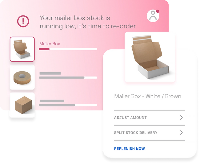Simplified example of Sourceful’s Auto Stock service. Includes a display showing low stock inventory and a call out to replenish mailer boxes at the click of a button.