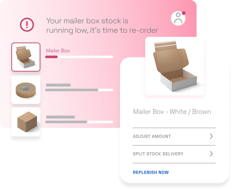 Simplified example of Sourceful’s Auto Stock service. Includes a display showing low stock inventory and a call out to replenish mailer boxes at the click of a button.