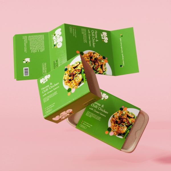 3D render of floating green branded food packaging sleeves on a pink background.