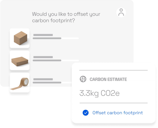 Simplified example of how to offset the carbon footprint of an order in Sourceful shop. Includes how the carbon estimate for a product is displayed.