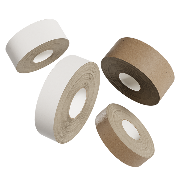 Floating 3D model of white and brown self-adhesive tape.