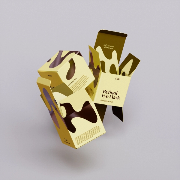 3D render of a floating a yellow and brown folding carton product box with custom branding.