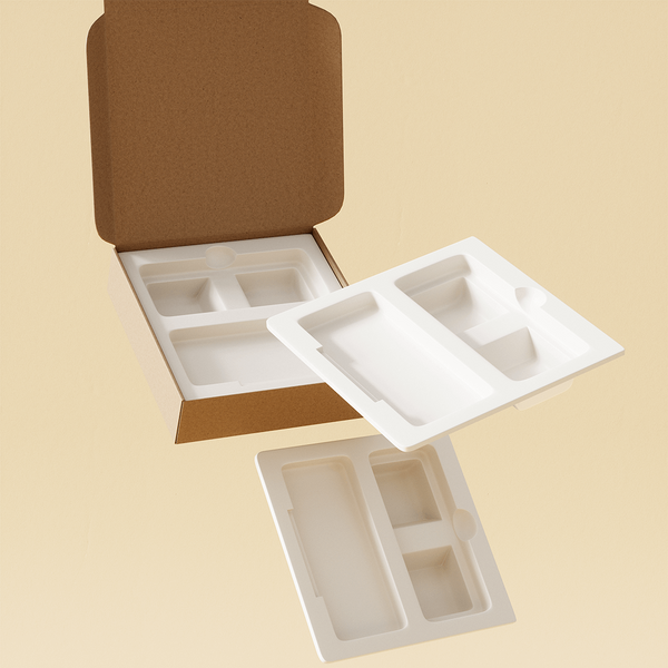 Floating 3D model of three white sugarcane pulp inserts.