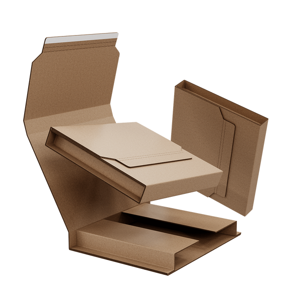Floating 3D model of three corrugated custom book mailers.