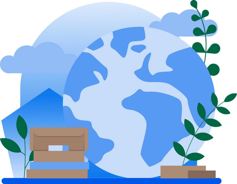 Icon including the world, clouds and Sourceful shapes in blue alongside green plants and a brown packaging.