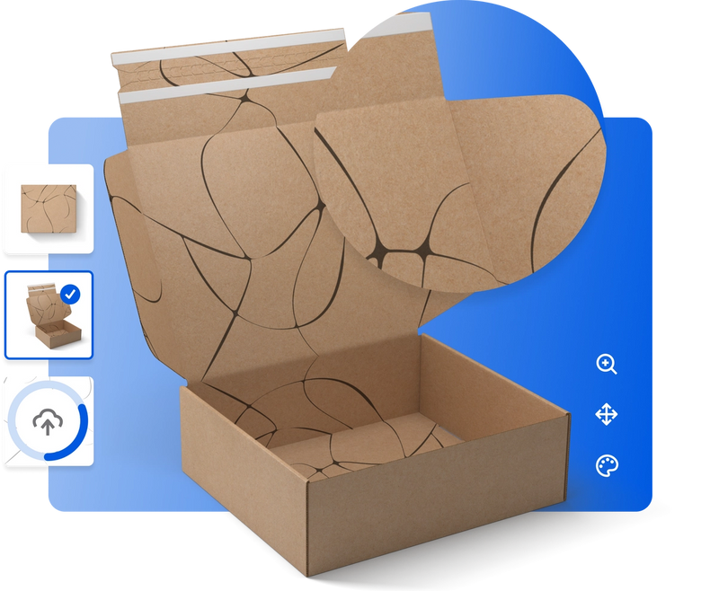 Simplified example of Sourceful's Studio service. Open brown mailer box with black design appears on a blue screen. The top corner of the mailer box is zoomed in on. There are design icons in the right side and three display navigation options on the left side.