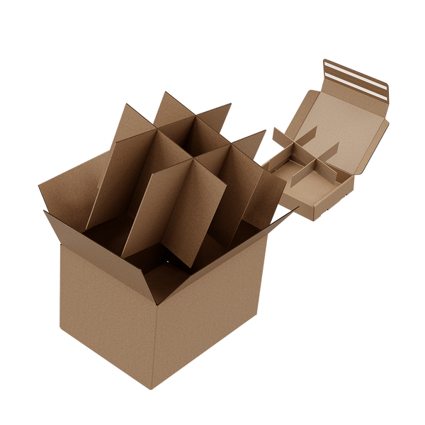 Floating 3D model of two brown cardboard box dividers with shipping boxes.