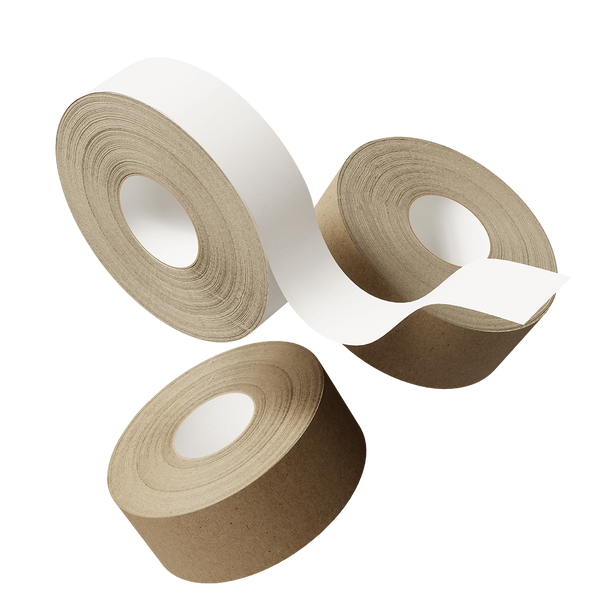 Floating 3D model of a white and brown gummed tape.