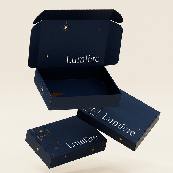 Floating 3D model of a dark blue and white premium mailer box.