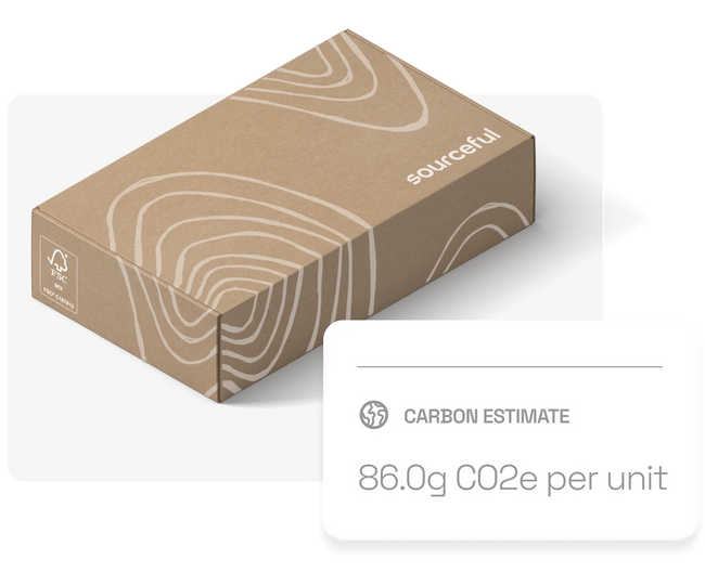 Sourceful branded mailer box appearing on a white screen background. Includes a white card call out showing the product's carbon estimate per unit.