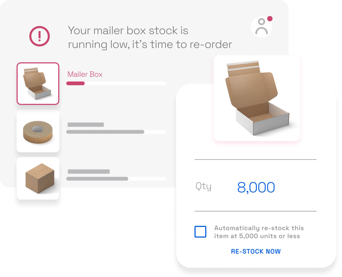 Simplified example of a display showing low stock inventory. Includes a notification to re-order mailer boxes at the click of a button.