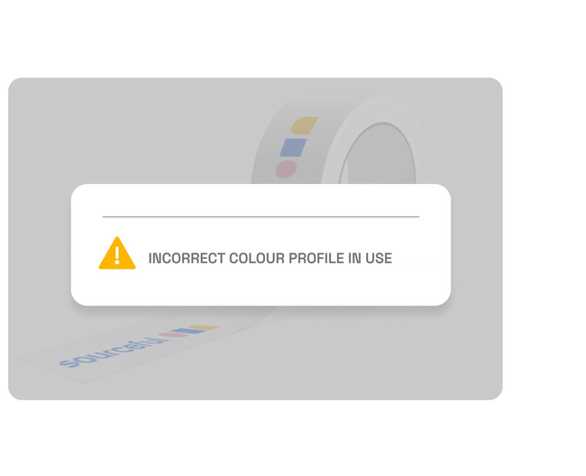 Semi transparent background showing a rolled out white tape with Sourceful branding. Warning pop up is displayed in front saying "Incorrect colour profile in use".