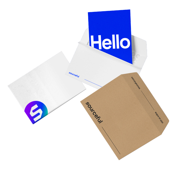 Graphic illustration of blue and purple custom envelopes.