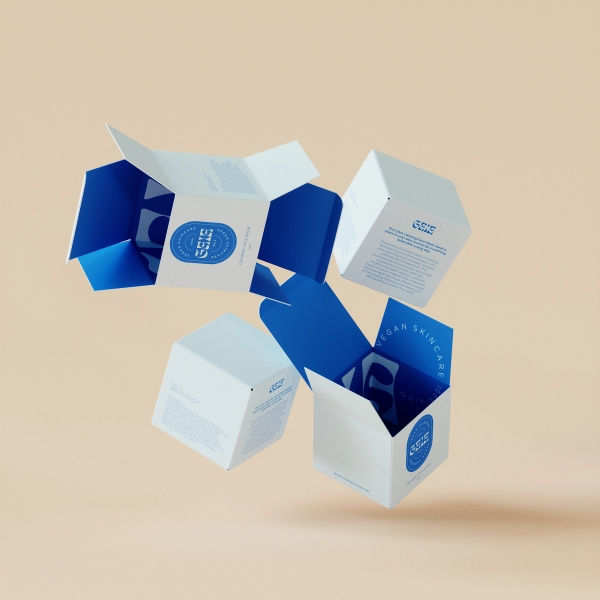 3D render of a floating blue folding carton product box with custom branding.