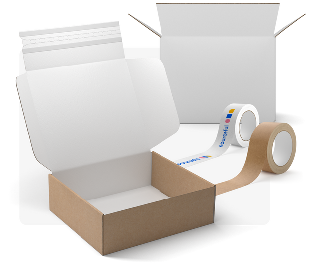 Overview of sustainable products sold by Sourceful. Includes opened brown mailer box, white shipping box and two rolled out tapes.