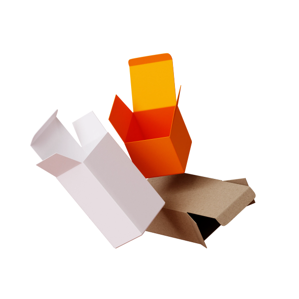 3D render of floating folding carton product boxes.