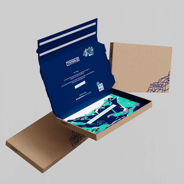 Floating 3D model of a blue and brown premium mailer box.