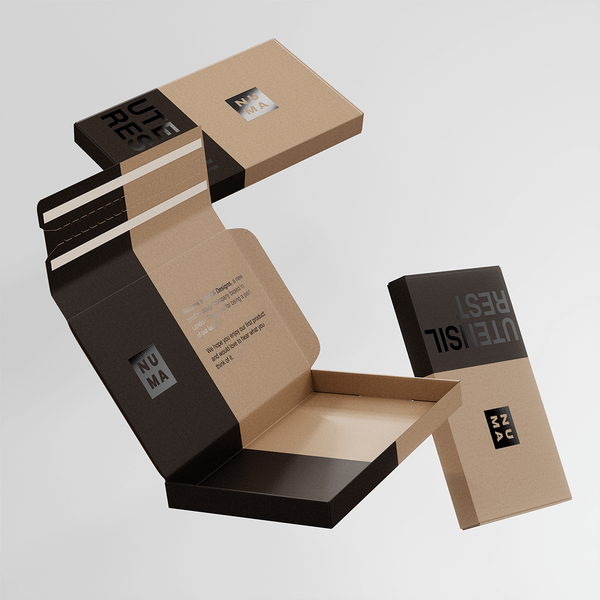 Floating 3D model of a two-tone brown premium mailer box.