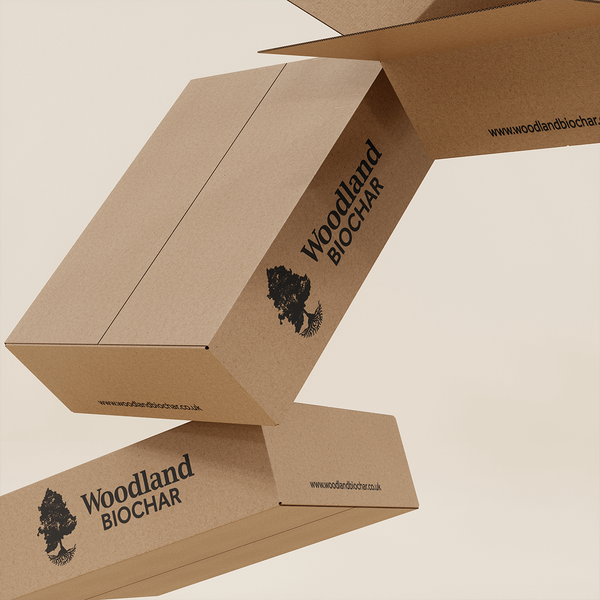 Floating 3D model of branded corrugated shipping boxes.