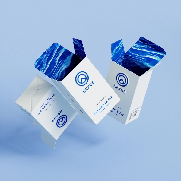 3D render of blue and white custom crashlock fast-assembly carton product box.