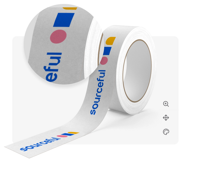 White tape with Sourceful branding on a white screen background. Part of the tape is zoomed in on and there are three icons in the right bottom corner.