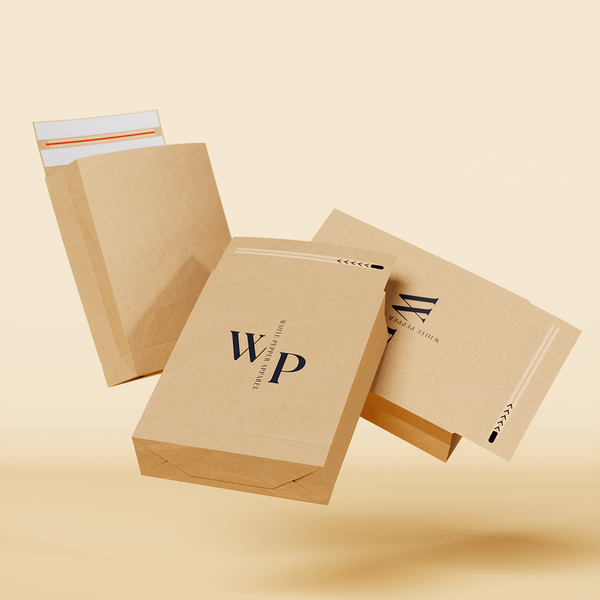 Floating 3D render of three paper mailer bags.